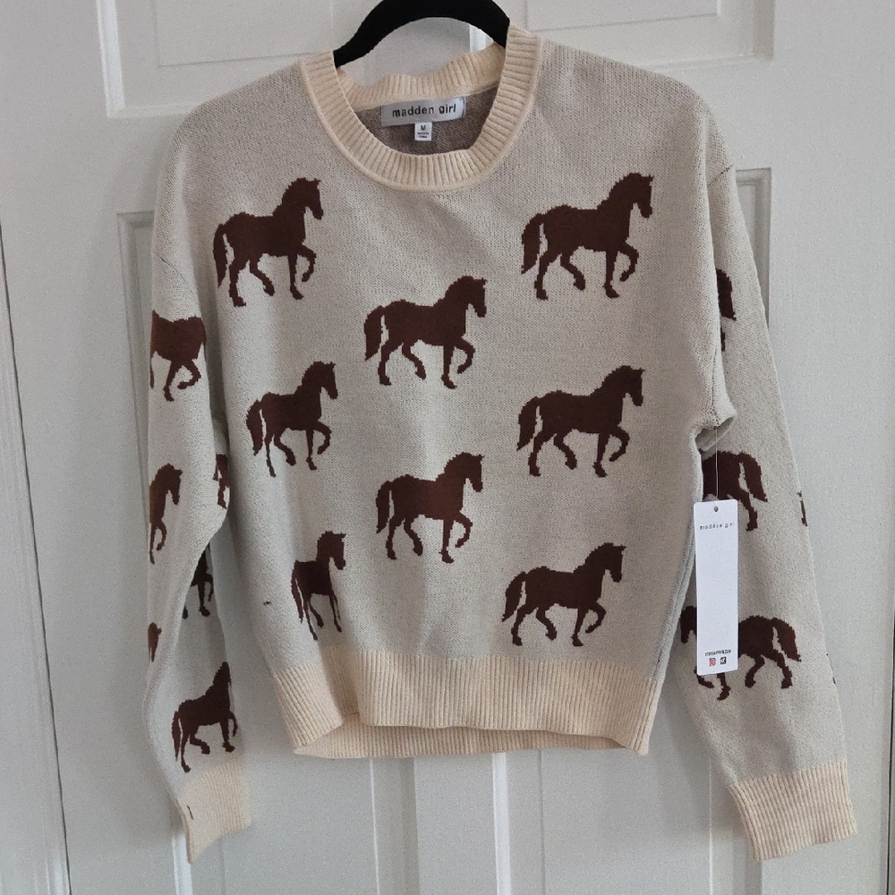 Madden Girl Beige and Brown Horse Print Sweater